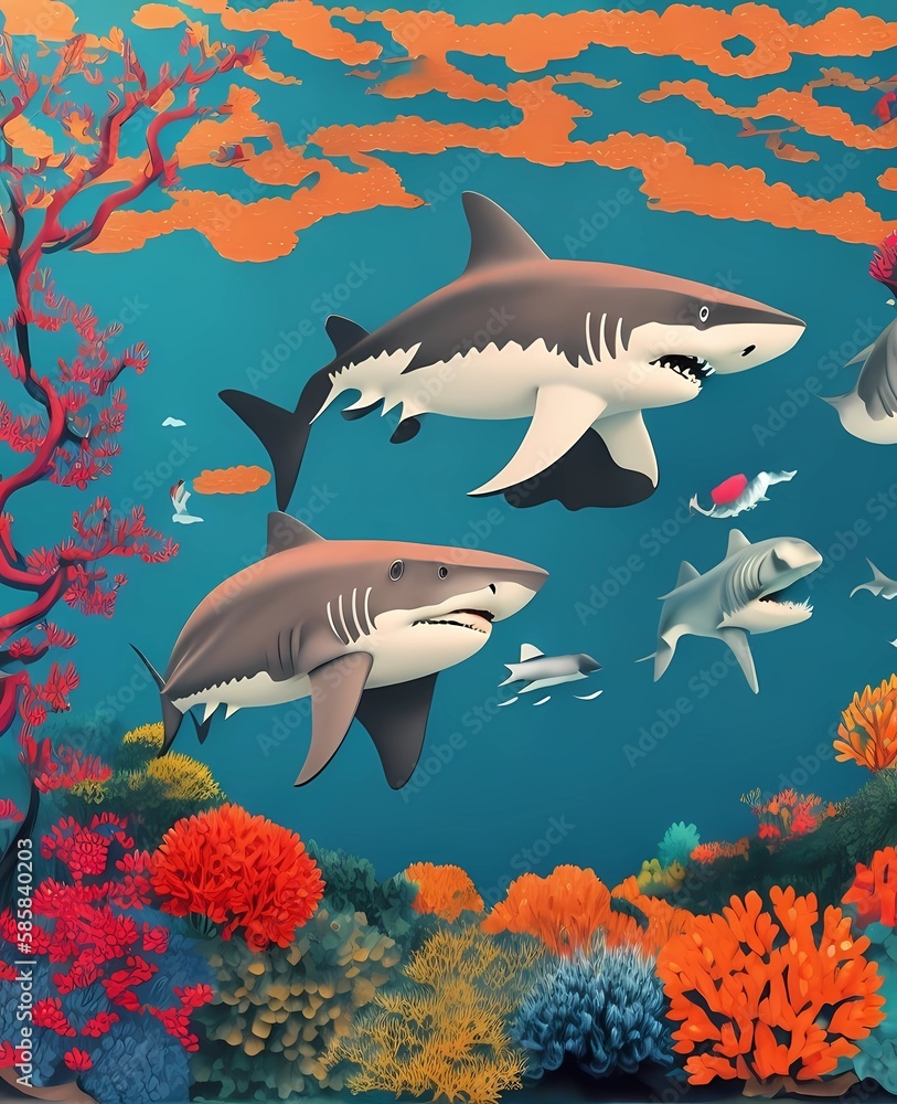 Fototapeta premium Shark Paper Art, Colorful Craft, Ocean Fantasy Generative AI