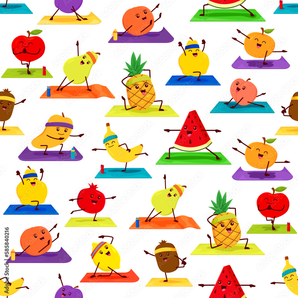 Obraz premium Fruit characters on yoga seamless pattern. Vector background with cheerful apple, pear, watermelon, kiwi, banana, pineapple and plum with garnet personages stretching, squatting and exercising on mats