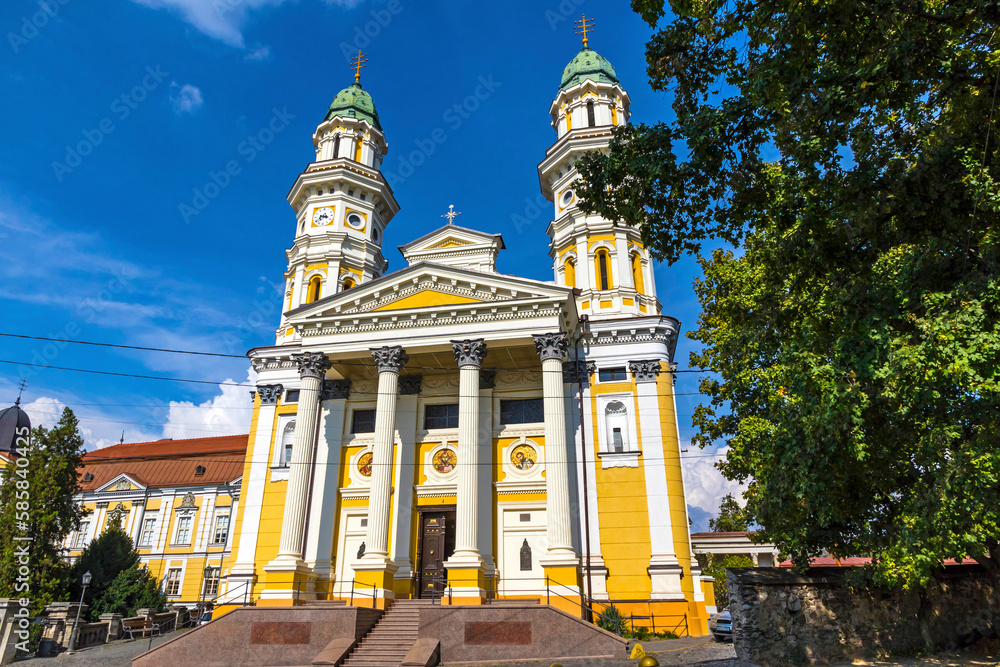 Facade view of Building of the Holy Cross Greek Catholic Cathedral in Uzhhorod, Ukraine. Baroque church, built in 1646 year