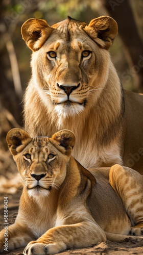 Portrait of a Savage lion with his son 