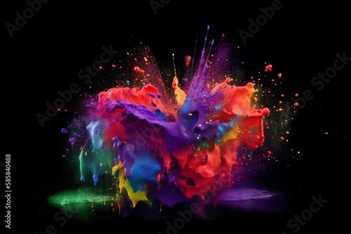 Colourful paint splashes in the shape of a love heart, Coloured powder explosion. Paint holi, Mix rainbow splash on isolated black background - Generative AI Illustration © AI Visual Vault