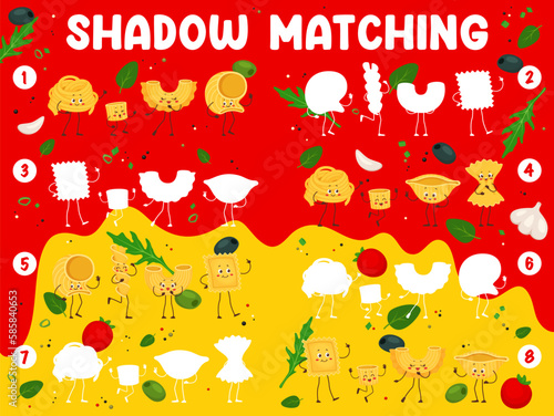 Shadow matching game, cartoon italian pasta characters vector puzzle quiz. Funny macaroni personages kids game worksheet, find and connect silhouettes of conchiglie, farfalle, fusilli and fettuccine