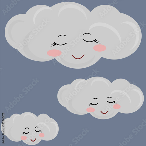 Cartoon clouds sleeping smile happy face isolated in blue sky vector collection. white cloud illustration.  © ThanamoNy_Studio287