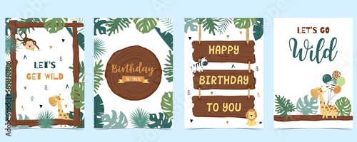 Wood frame collection of safari background set.Editable vector illustration for birthday invitation,postcard and sticker