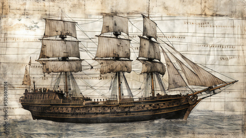 vintage wooden sailing ship, antique maritime vessel, high-resolution image, generative AI