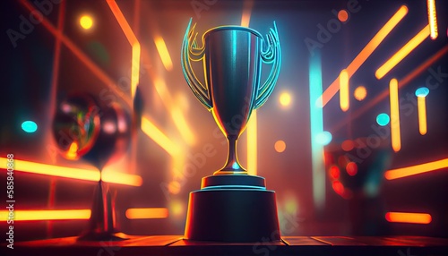 Winner trophy on a stage at studio illuminated by neon lights with blurred background. Generate Ai.