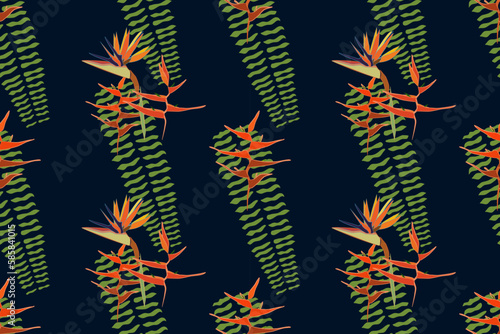 Modern pattern Heliconia, bird of paradise , anthurium, leaf seamless Tropical jungle leaves. Exotic plants, vector illustration  hand drawing design for fabric interior 