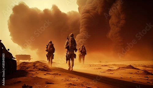 Military special forces soldiers crosses destroyed warzone through fire and smoke in the desert. Generate Ai. © AI_images
