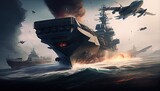 Military aircraft carrier ship with fighter jets take off during a special operation at a warzone. Generate Ai.