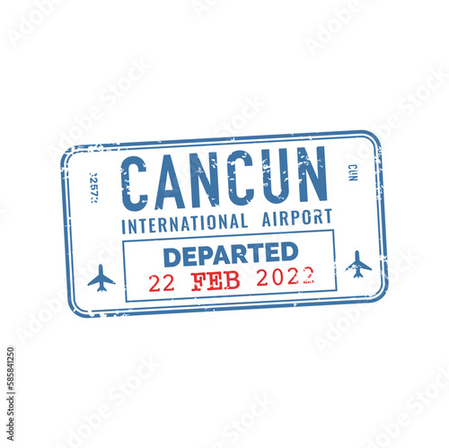 Cancun departed visa, travel by plane, passport travel stamp of Mexico. Vector vintage insignia, international mexican airport seal sign