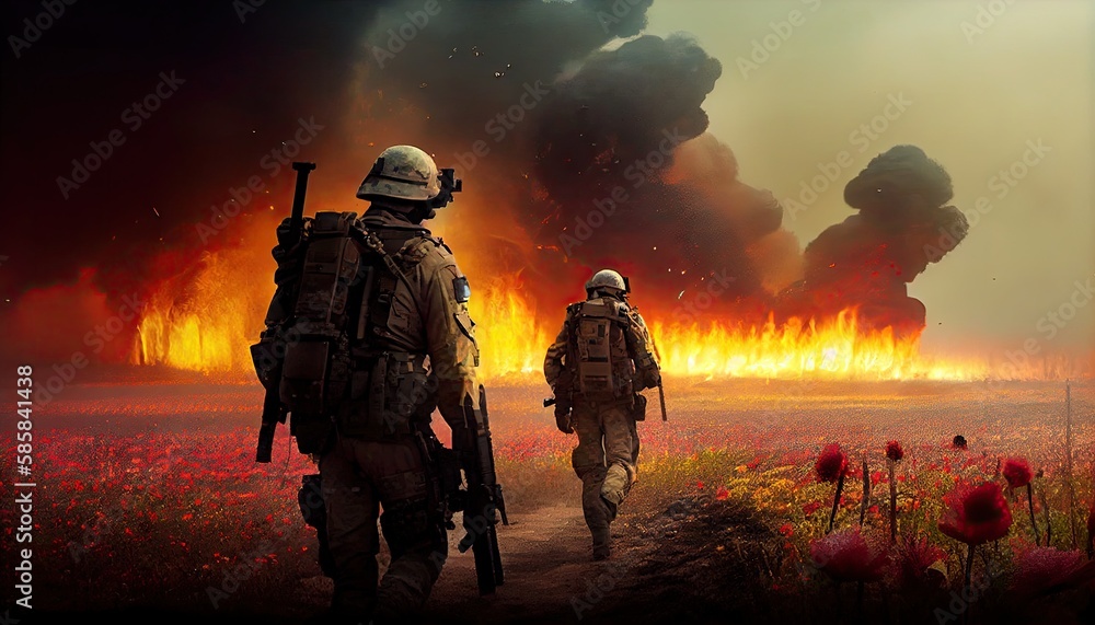 Military special forces soldiers crosses destroyed warzone through fire and smoke in a spring flower field Generate Ai. Military special forces soldiers crosses destroyed warzone through fire and smoke in a spring flower field Generate Ai.