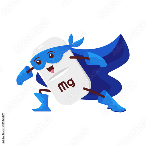 Cartoon magnesium superhero micronutrient character. Vector funny Mg fairytale nutrient defender. Mineral bubble in blue super hero cloak and mask, food supplement capsule isolated comics personage