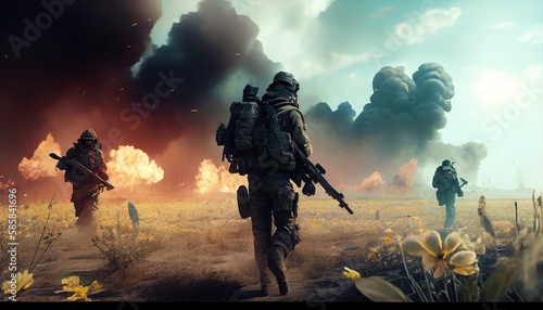 Military special forces soldiers crosses destroyed warzone through fire and smoke in a spring flower field Generate Ai. © AI_images