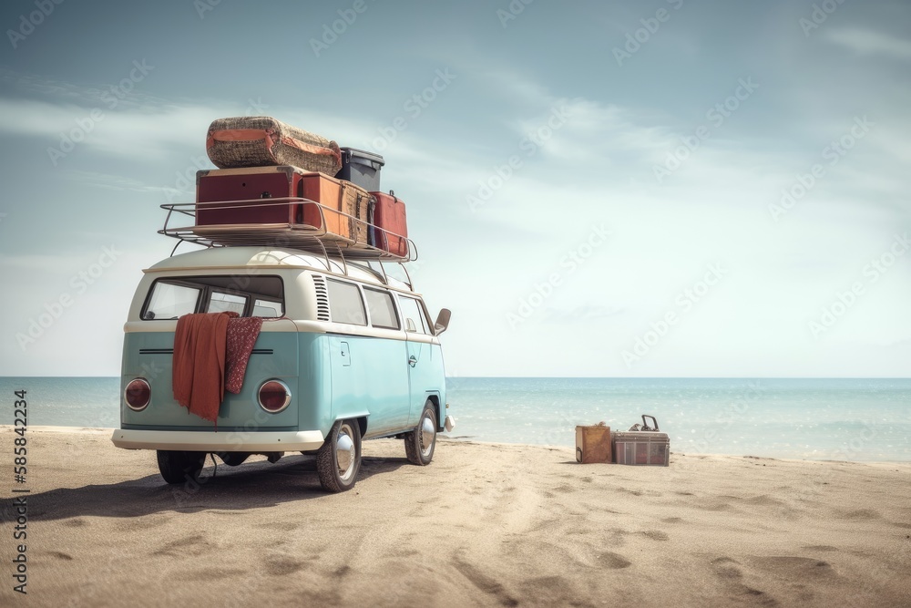 Retro vehicle with luggage and luggage on roof fully packed for summer holiday. Generative AI Retro vehicle with luggage and luggage on roof fully packed for summer holiday. Generative AI