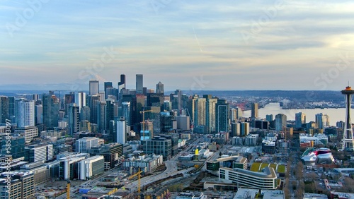 Aerial view of downtown Seattle and Mount Rainier at sunset