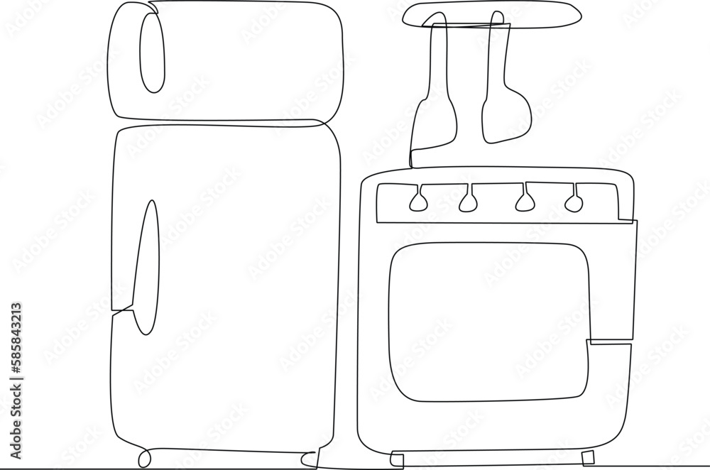 Simple continuous line of household appliances, fridge and gas stove. Simple continuous line of household appliances, fridge and gas stove.