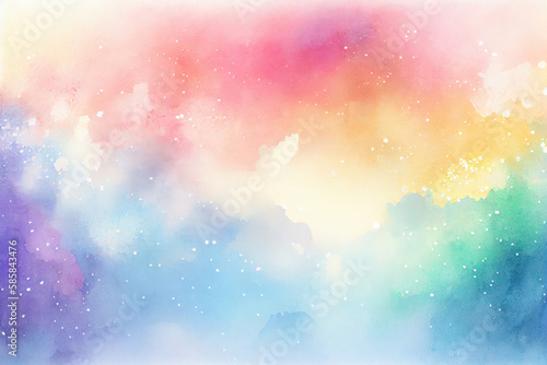 Pastel rainbow space background with clouds and sparkling stars  watercolor galaxy. Generative AI