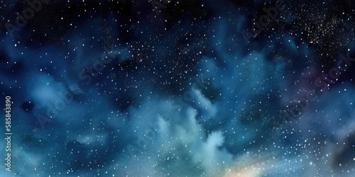 Watercolor dark blue sky color background with cloud and sparkling, galaxy, universe. Generative AI