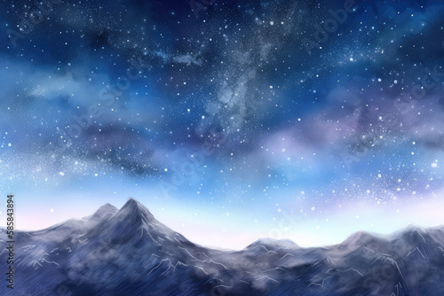 Watercolor blue sky color background with cloud and sparkling and mountain, galaxy, universe. Generative AI