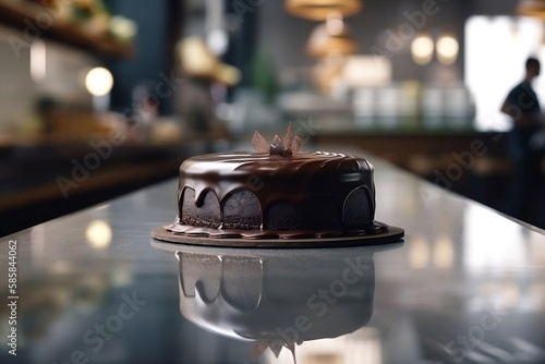 Closeup of Chocolate Cake on Table in restaurant with Blurred Background. no people