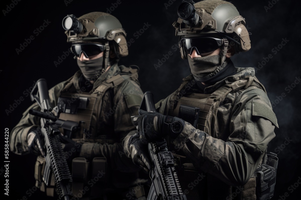 Elite special force wearing futuristic helmets and gear for warfare missions. Modern special force holding assault rifles realistic illustration. A military tactical force with weapons. Generative AI.
