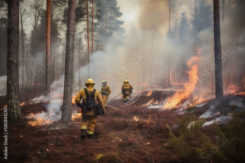 Firemen in a wildfire area fighting fire and removing flammable objects. Firefighters in a dangerous jungle putting out a fire. Dangerous wildfire and dense smoke in a forest. Generative AI.