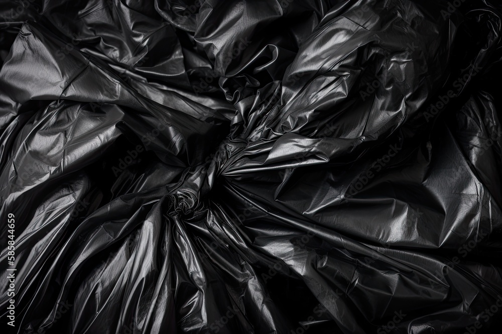 Black Polyethylene Crumpled Garbage Bag Texture Background â€“ Used Plastic Bin Bag Mockup, Generative AI