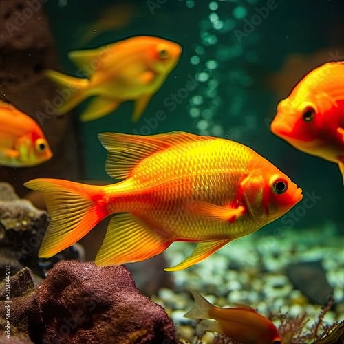 A Colorful Aquarium: Red Goldfish Swimming in a Tropical Reef, Generative AI