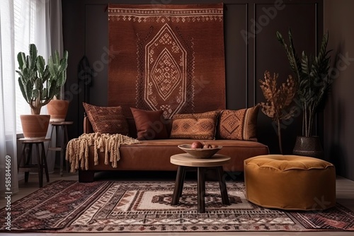 Elegant and Comforting Vacation Feel in a Cozy Living Room with an Ethnic Boho Decoration. Generative AI