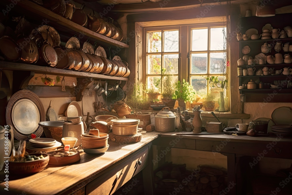 Vintage Morning Sunlight Reveals the Rustic Old-Fashioned Charm of a Country Farmhouse Kitchen. Generative AI
