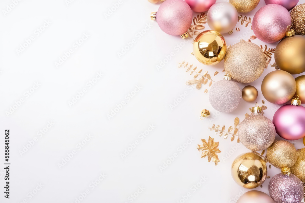 Christmas festive gold and pink ornament decoration on white background. Generative AI Christmas festive gold and pink ornament decoration on white background. Generative AI