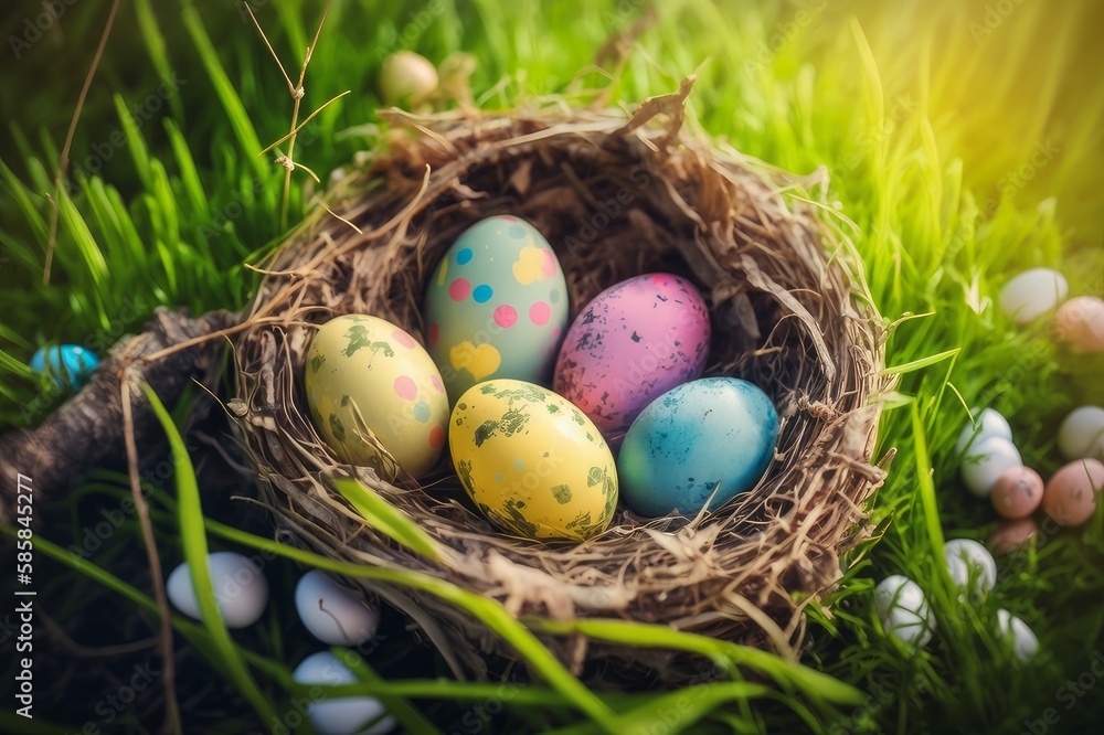 Happy Easter Nest with easter eggs in grass on a sunny spring day Easter decoration background Generative AI Happy Easter Nest with easter eggs in grass on a sunny spring day Easter decoration background Generative AI