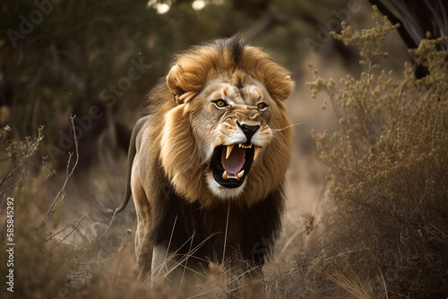 close up portrait of a male lion roaring in africa. generative Ai