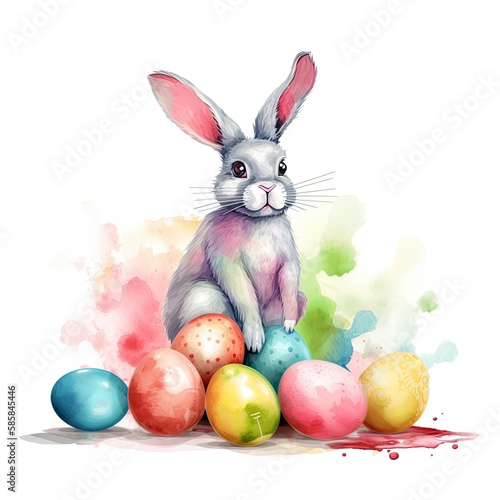 cute easter bunny with easter eggs, colorful, watercolor style, generated with generative ai © Sascha