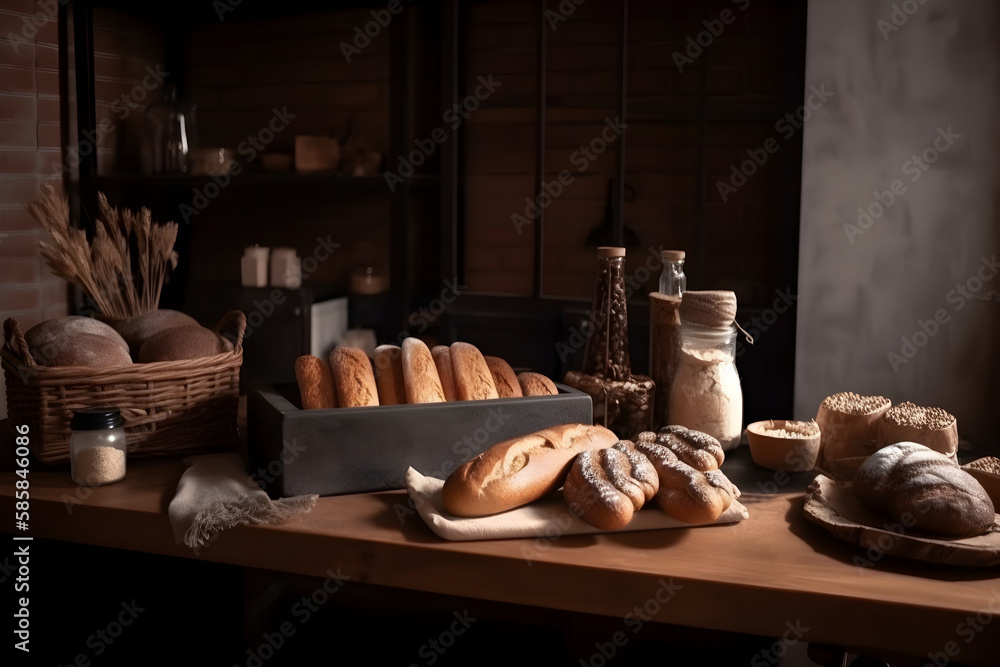 bread and bakery products in the bakery. Generative Ai bread and bakery products in the bakery. Generative Ai