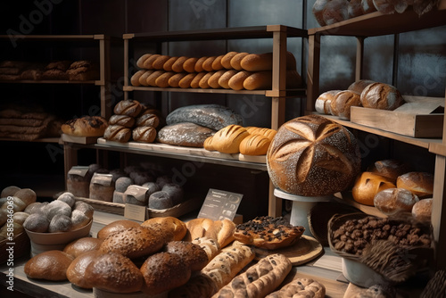 bread and bakery products in the bakery. Generative Ai