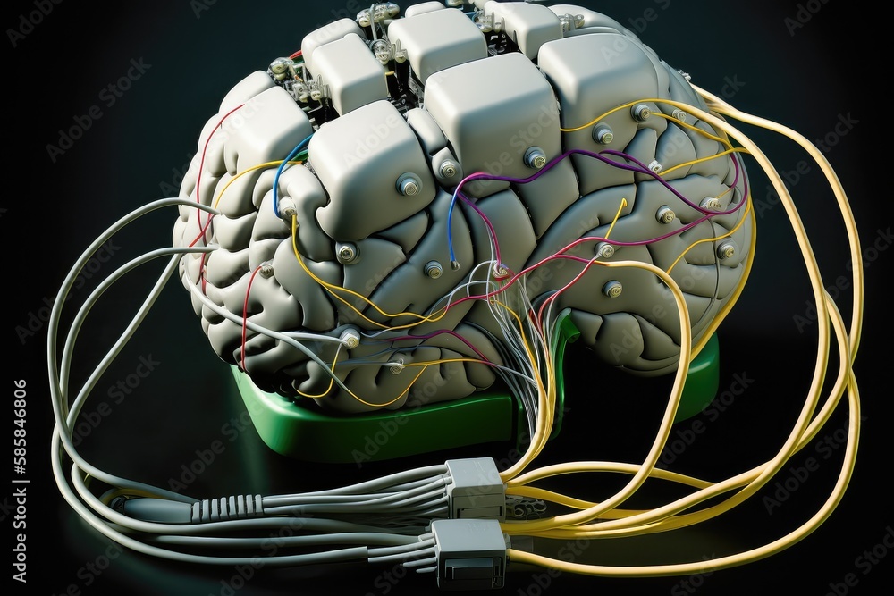 brain interface, with wires and electrodes connecting human