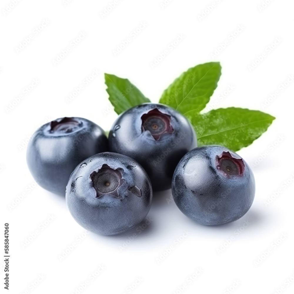 Blueberries isolated on white background. Bilberry with green leaves. Generative AI Blueberries isolated on white background. Bilberry with green leaves. Generative AI