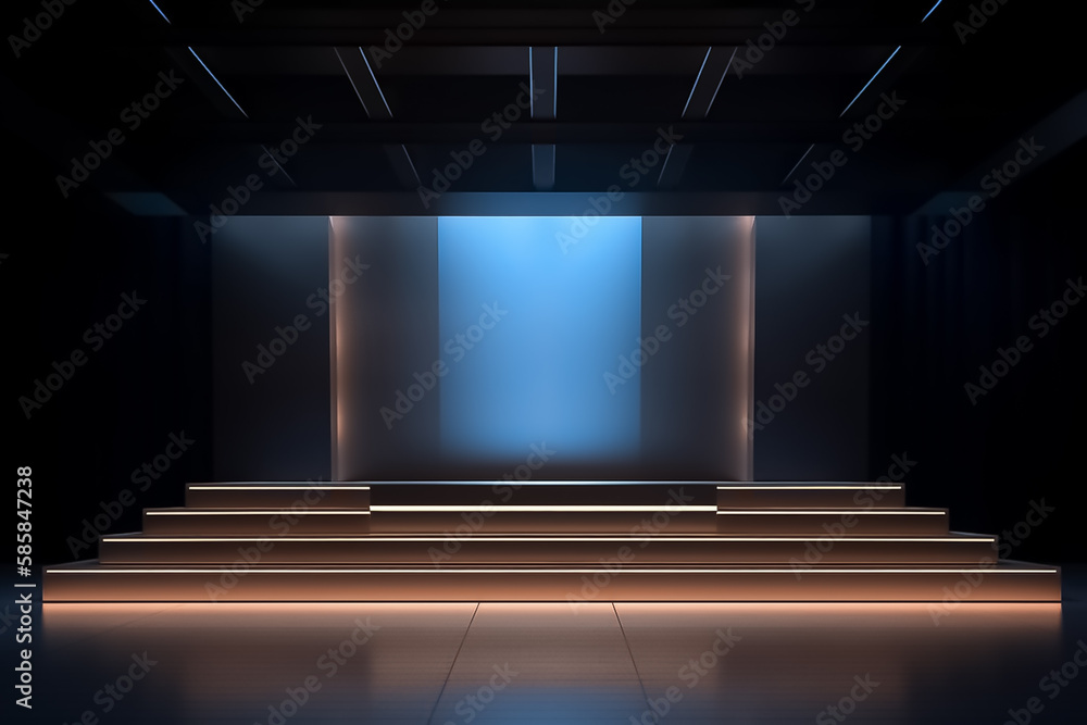 Blue Brown and Bronze colour Display mock up 3D luxury stage with LED light and simple shape decoration around it. generative AI