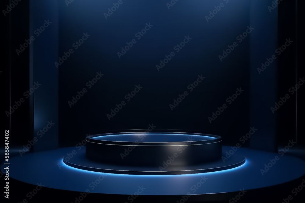 dark navy blue Display mock up 3D luxury stage with LED light and simple shape decoration around it. generative AI dark navy blue Display mock up 3D luxury stage with LED light and simple shape decoration around it. generative AI