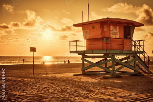 Lifeguard tower on the beach, Sunset. Generative AI © Pavel