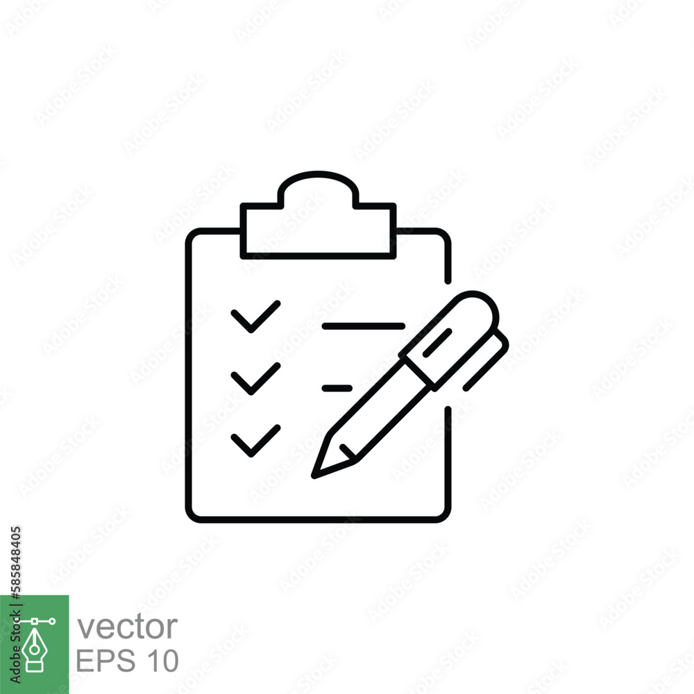 Clipboard checklist with pen line icon. Testimonials and customer relationship management concept. Simple outline style. Vector illustration isolated on white background. EPS 10. Clipboard checklist with pen line icon. Testimonials and customer relationship management concept. Simple outline style. Vector illustration isolated on white background. EPS 10.