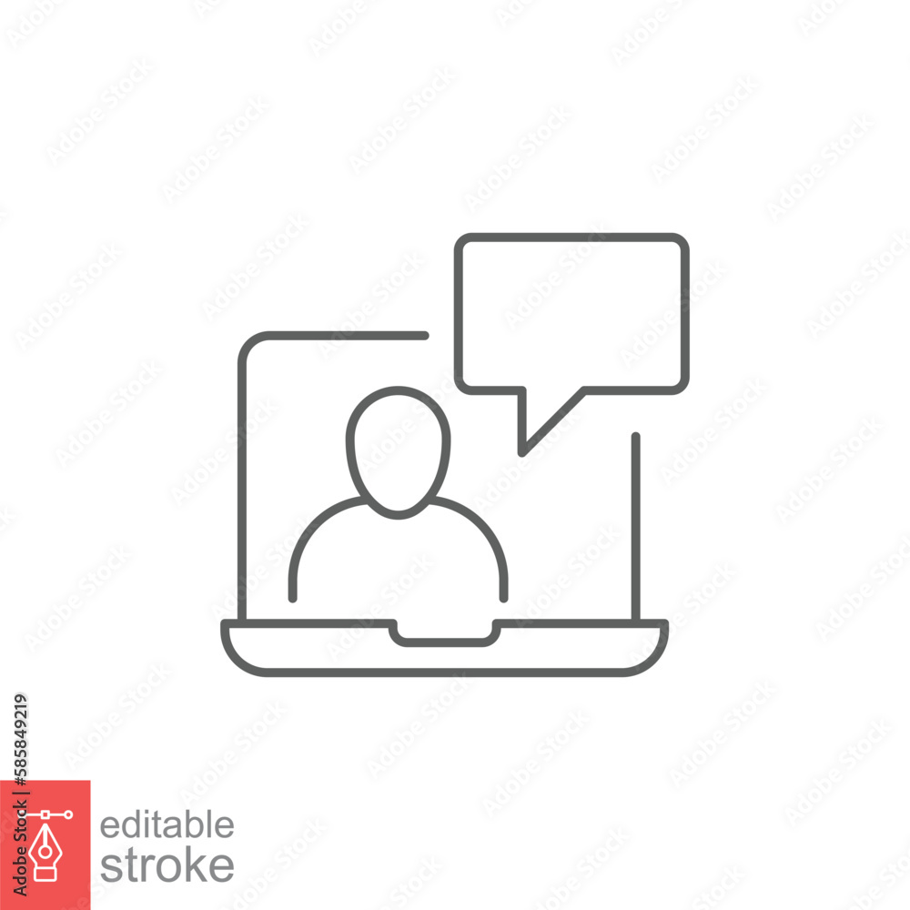 Video conference on laptop icon. Online web business chat on computer, technology concept. Simple outline style. Line symbol. Vector illustration isolated on white background. Editable stroke EPS 10. Video conference on laptop icon. Online web business chat on computer, technology concept. Simple outline style. Line symbol. Vector illustration isolated on white background. Editable stroke EPS 10.
