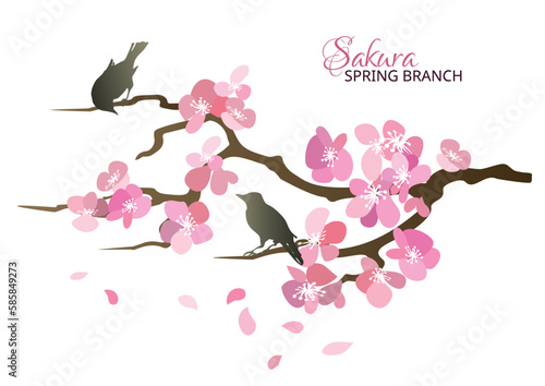 Sakura branch with birds. Spring poster with blooming sakura.