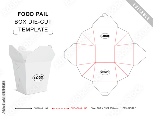 Food pail box die cut template with 3D blank vector mockup for food packaging