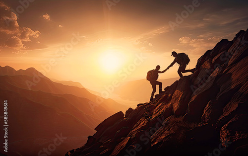 Help and assistance concept. Silhouettes of two people climbing on mountain and helping. Generative AI.
