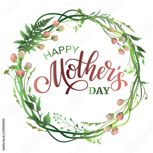 Happy Mothers Day banner with floral wreath and lettering festive inscription.