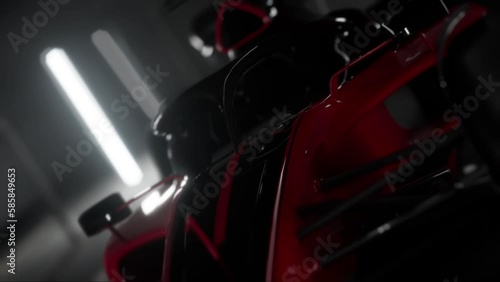 Wallpaper Mural CU Front view silhouette of a modern generic sports racing car standing on a pit lane surrounded with flashing LED tube lights. Realistic 3d rendering Torontodigital.ca