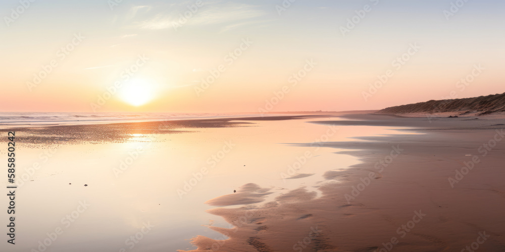 Plage déserte à marée basse avec le soleil au ras de l'horizon, mer calme et ciel dégagé