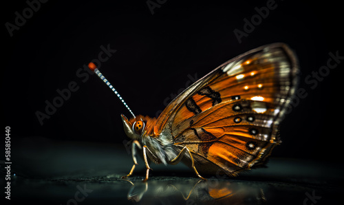 Spotty brown butterfly with wings spread. Lovely insect at black backdrop. Generative AI. © Vadim